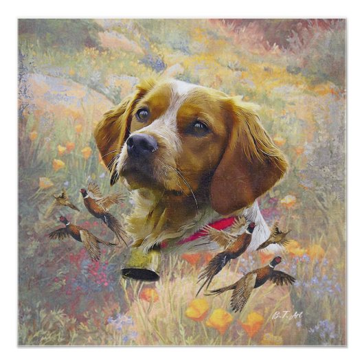 Poster Brittany Spaniel Art, Chasse de faisan (Devant)