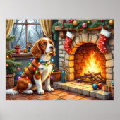 Poster Brittany Spaniel Fireplace with Christmas Lights (Devant)
