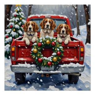 Poster Brittany Spaniel Noël Camion Rouge Fêtes de fin d'