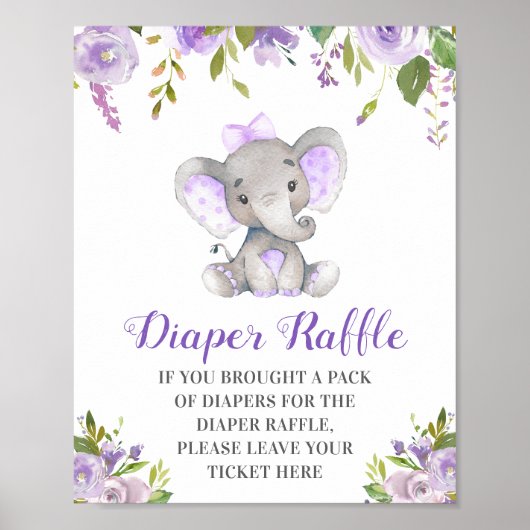 Poster Brocheuse Raffle violet éléphant bébé fille douche (Devant)