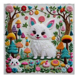 Poster Broderie à haute texture Motif d'animaux Kawaii