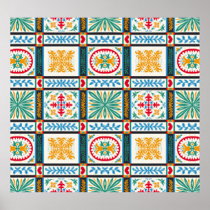 Poster Broderie italienne Majolica : Floral méditerranéen