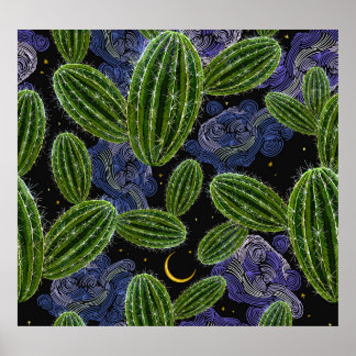 Poster Broderie mexicaine : Cactus Night Seamless.