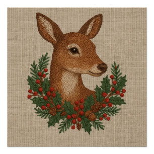 Poster Broderie rustique Deer & Holiday Greens noël