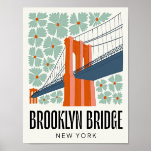 Poster Brooklyn Bridge New York Voyage abstrait floral