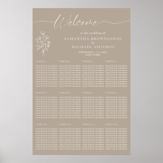 Poster Brown Beige Botanical Floral Welcome Wedding (Devant)
