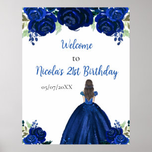 Poster Brown Cheveux Princess Navy Floral Anniversaire Bi