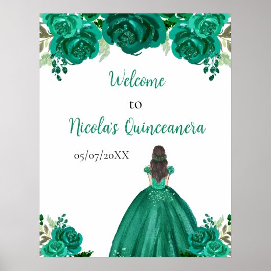 Poster Brown Cheveux Princesse Green Quinceanera Bienvenu (Devant)