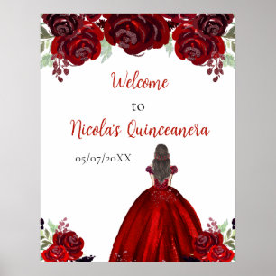 Poster Brown Cheveux Princesse Rouge Floral Quinceanera B
