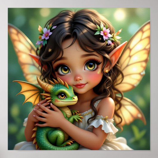 Poster Brown Eyed Elven Fairy and Dragon  (Devant)
