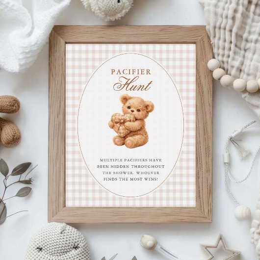 Poster Brown Gingham Teddy Bear Neutral Baby Shower Paper
