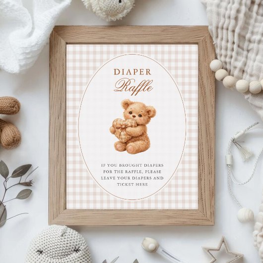 Poster Brown Gingham Teddy Bear Neutral Baby Shower Paper
