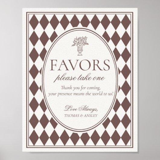 Poster Brown Harlequin Checkered Wedding Favors Sign (Devant)