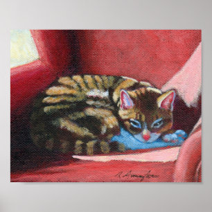 Poster Brown Tabby Chat Dormir dans une chaise rouge conf
