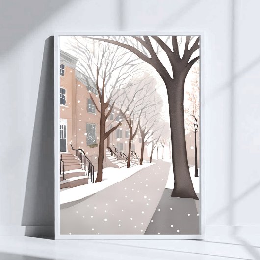 Poster Brownstone Street | Snowy Winter Watercolor Art