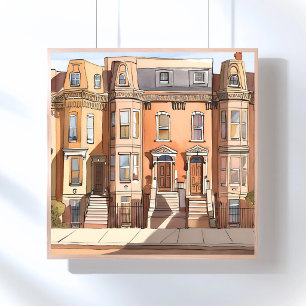 Poster Brownstones esquissés   Peinture de rue à Boston