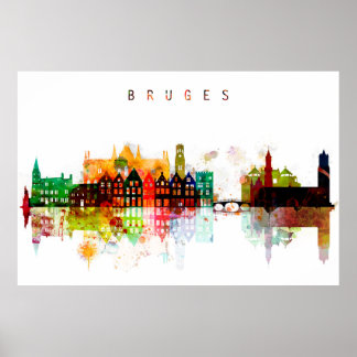 Poster Bruges Belgique Aquarelle Skyline