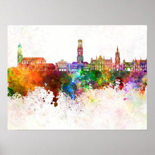 Poster Bruges skyline in background watercolor