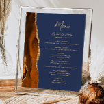Poster Brûlé Orange Agate Marine Bleu Mariage Table Menu<br><div class="desc">Le bord gauche de cet élégant panneau de menu mariage moderne comporte une bordure d'aquarelle orange brûlée et ornée d'une parties scintillant en faux or. Le mot "Menu" apparaît en écriture manuscrite de couleur or sur un arrière - plan bleu marine. Personnalisez le texte restant avec les noms du couple,...</div>