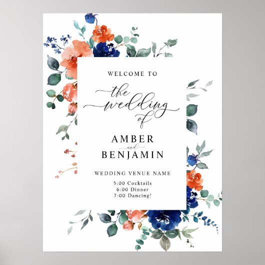 Poster Brûlé Orange bleu marine Floral Mariage Bienvenue (Devant)