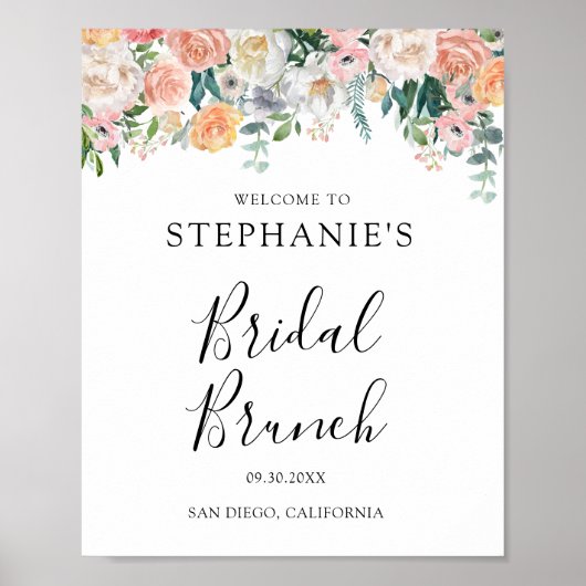 Poster Brunch de mariage floral rose pêche (Devant)