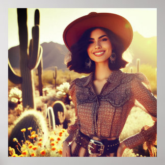 Poster Brunette Cowgirl in Cowboy Hat in the Desert
