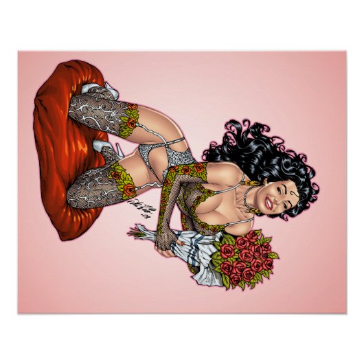 Poster Brunette en lingerie avec illustration Rose (Devant)