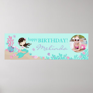 Poster Brunette Mermaid Bannière d'anniversaire