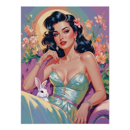Poster Brunette Pin-Up avec lapin de Pâques (Devant)