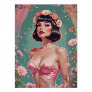 Poster Brunette Pin Up Bob Cheveux avec des bangs Fleurs