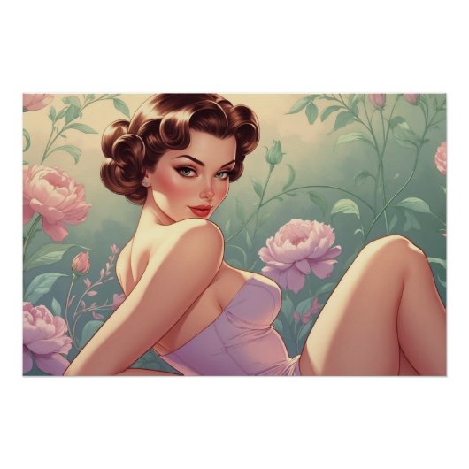 Poster Brunette Pin-Up Fleurs Pastel (Devant)