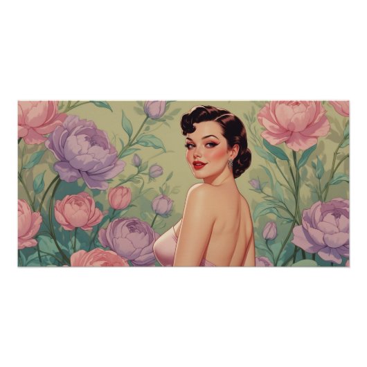 Poster Brunette Pin-Up Fleurs Pastel (Devant)