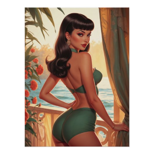 Poster Brunette Pin Up Green Bikini Seaview Balcon (Devant)
