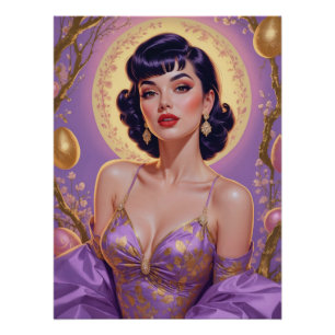 Poster Brunette Pin Up Oeufs de Pâques Or et violet