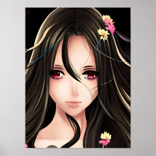 Poster Brunette Rose Eyed Anime Girl Cartoon