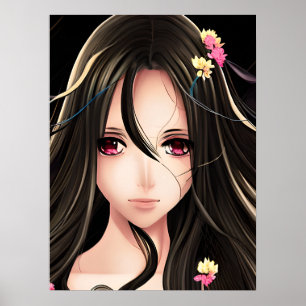 Poster Brunette Rose Eyed Anime Girl Cartoon