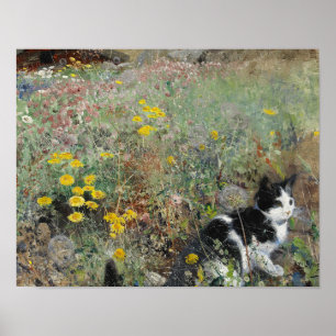 Poster Bruno Liljefors - Chat sur Flowerbed