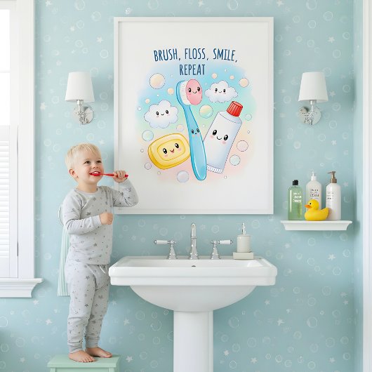 Poster Brush, Floss, Flush, Wash Kids Bathroom Wall Art