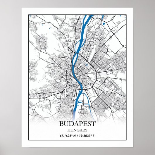 Poster Budapest Hongrie City Plan Voyage Simple Minimal (Devant)