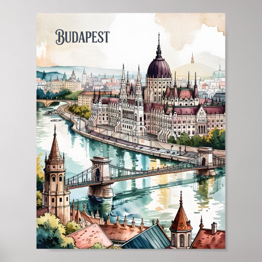 Poster Budapest Hungary Parliament Danube River Skyline (Devant)