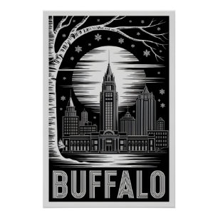 Poster Buffalo New York Skyline Noir Blanc Gravure sur Bo