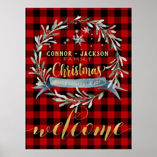 Poster Buffalo Plaid Gold Script Bienvenue (Devant)