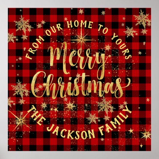 Poster Buffalo Plaid Gold Script famille Joyeux Noël (Devant)
