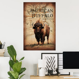 Poster Buffle Américain Sur Une Carte