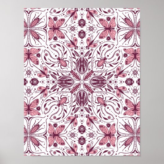 Poster Buissons, magenta foncé et rose sur blanc (Devant)