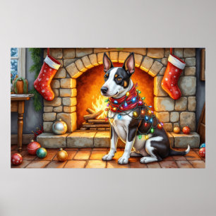 Poster Bull Terrier Cheminée avec Lumières de Noël