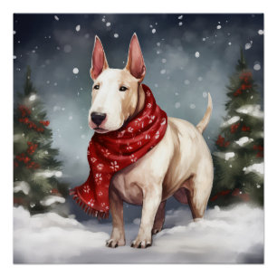 Poster Bull Terrier Chien à Noël de neige