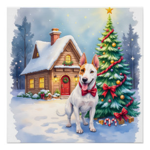 Poster Bull Terrier Cozy Cottage Art de Noël sur l'Arbre