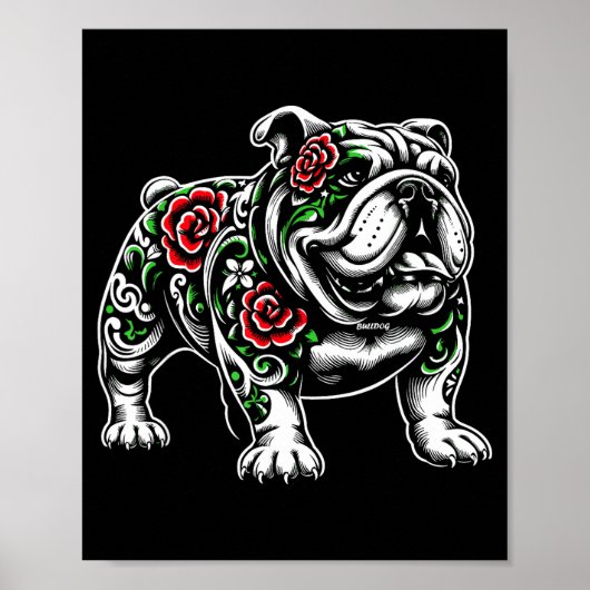 Poster Bulldog Floral Red Rose Mens Womens  (Devant)