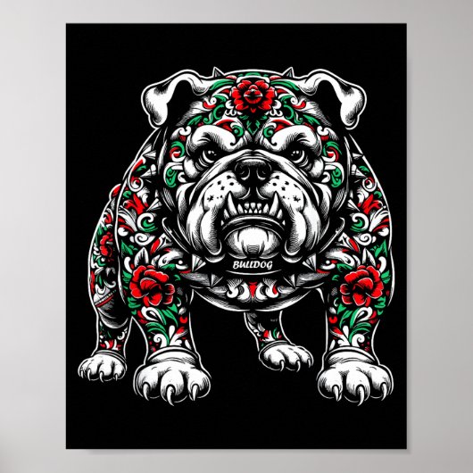 Poster Bulldog Floral Red Rose Mens Womens (Devant)